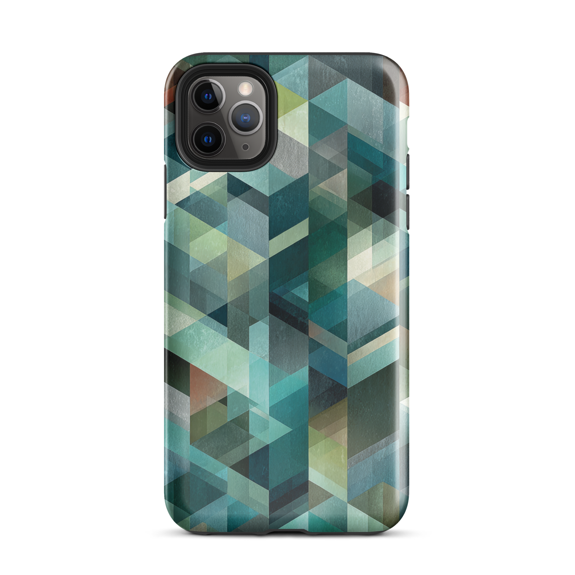 Modern abstract geometric phone case in teal and blue tones with layered retro-inspired shapes.