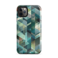 Modern abstract geometric phone case in teal and blue tones with layered retro-inspired shapes.