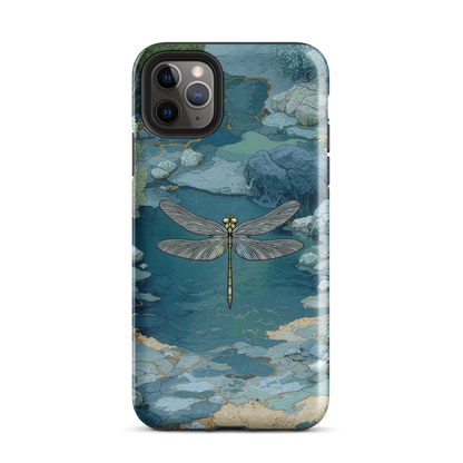 Nature-inspired phone case featuring a dragonfly over calm water with blue and green forest tones.
