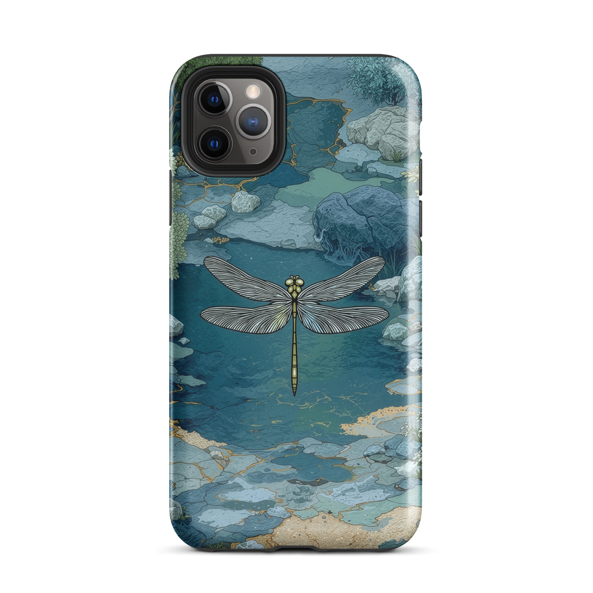 Nature-inspired phone case featuring a dragonfly over calm water with blue and green forest tones.
