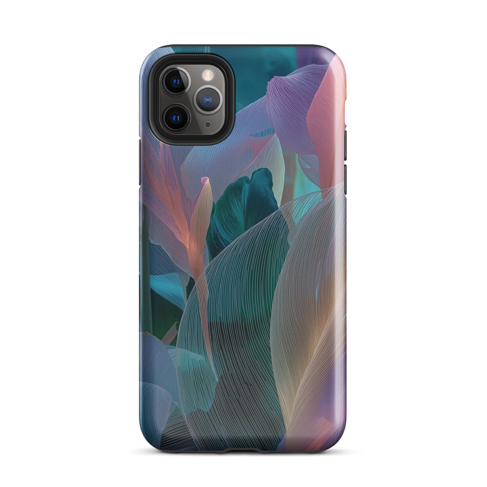 Abstract pastel botanical designer phone case in pink, lilac and teal tones with soft flowing floral textures