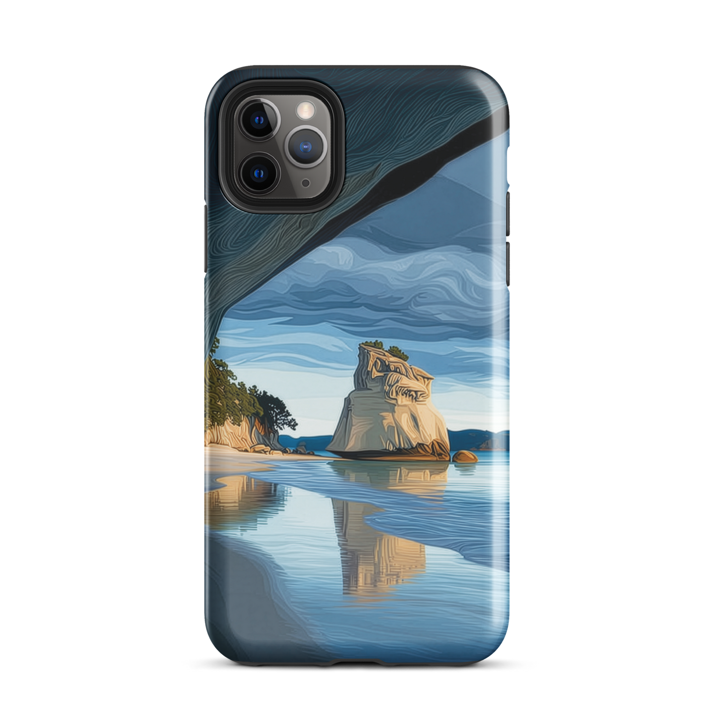 Artistic Cathedral Cove coastal designer phone case with arch rock, blue ocean and golden cliffs