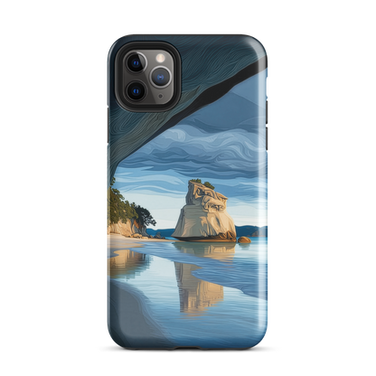 Artistic Cathedral Cove coastal designer phone case with arch rock, blue ocean and golden cliffs