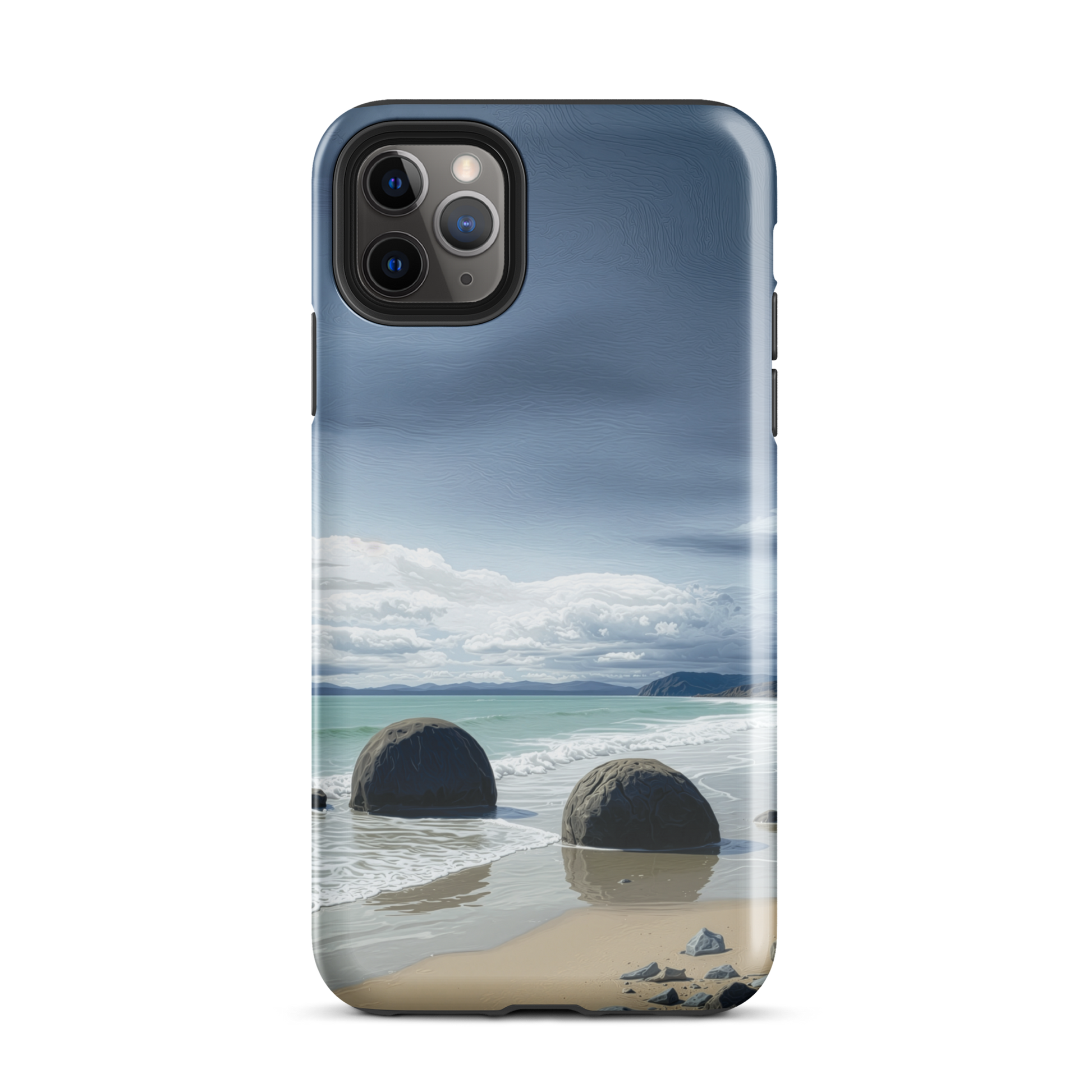 Moeraki Boulders coastal designer phone case with ocean waves and dramatic NZ sky