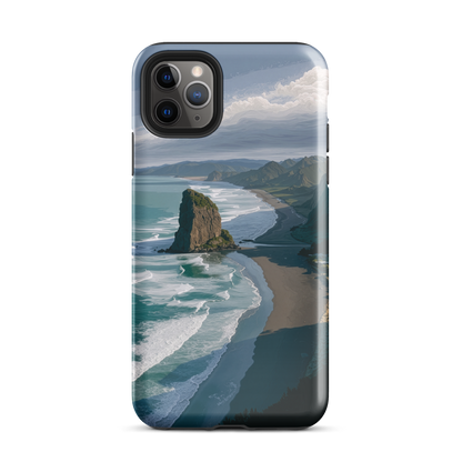 Piha Beach Lion Rock designer phone case with turquoise waves and dramatic NZ coastline