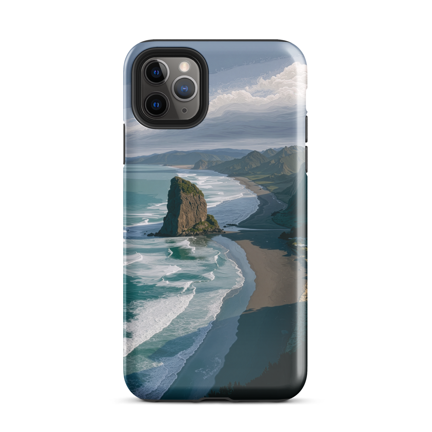 Piha Beach Lion Rock designer phone case with turquoise waves and dramatic NZ coastline