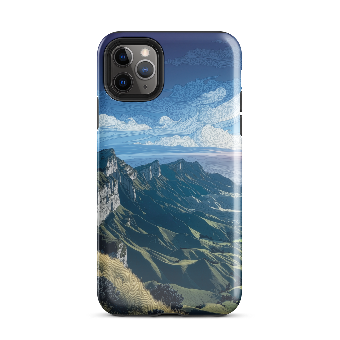 Te Mata Peak designer phone case with Hawke’s Bay cliffs, rolling green hills and dramatic swirling sky