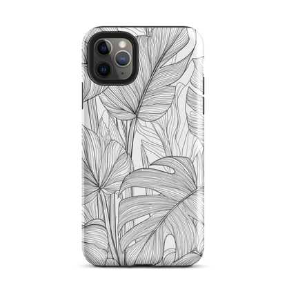 Minimal black and white tropical leaf designer phone case with detailed botanical line art