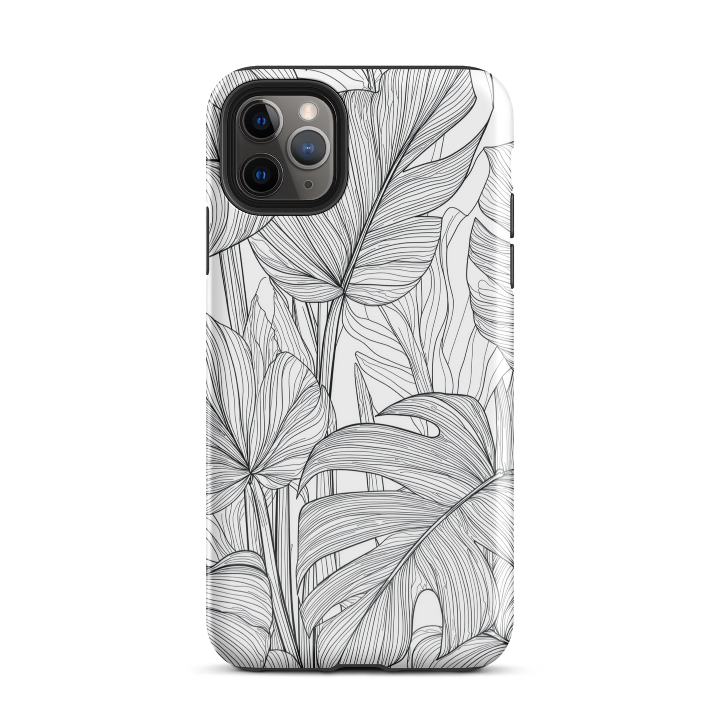 Minimal black and white tropical leaf designer phone case with detailed botanical line art