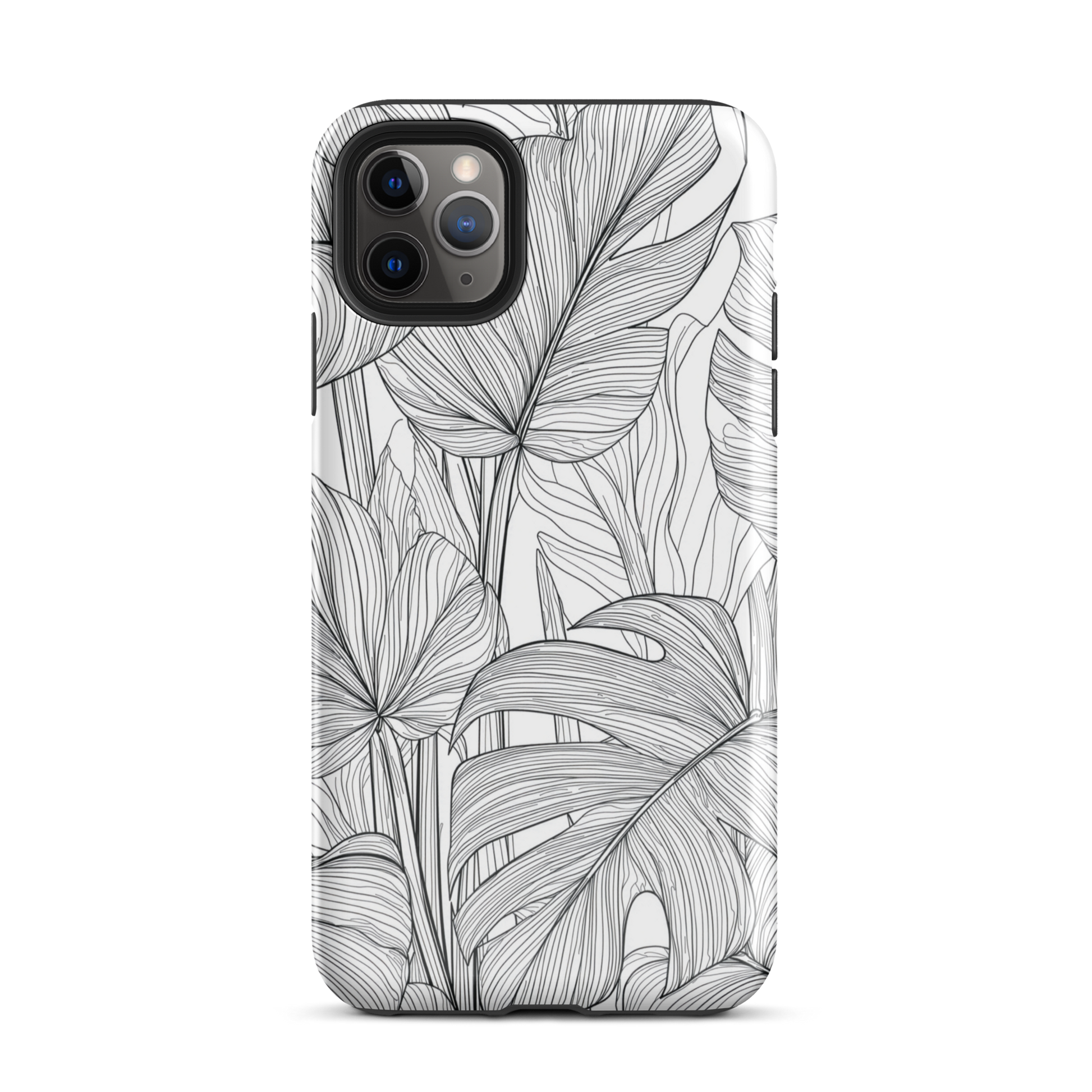 Minimal black and white tropical leaf designer phone case with detailed botanical line art
