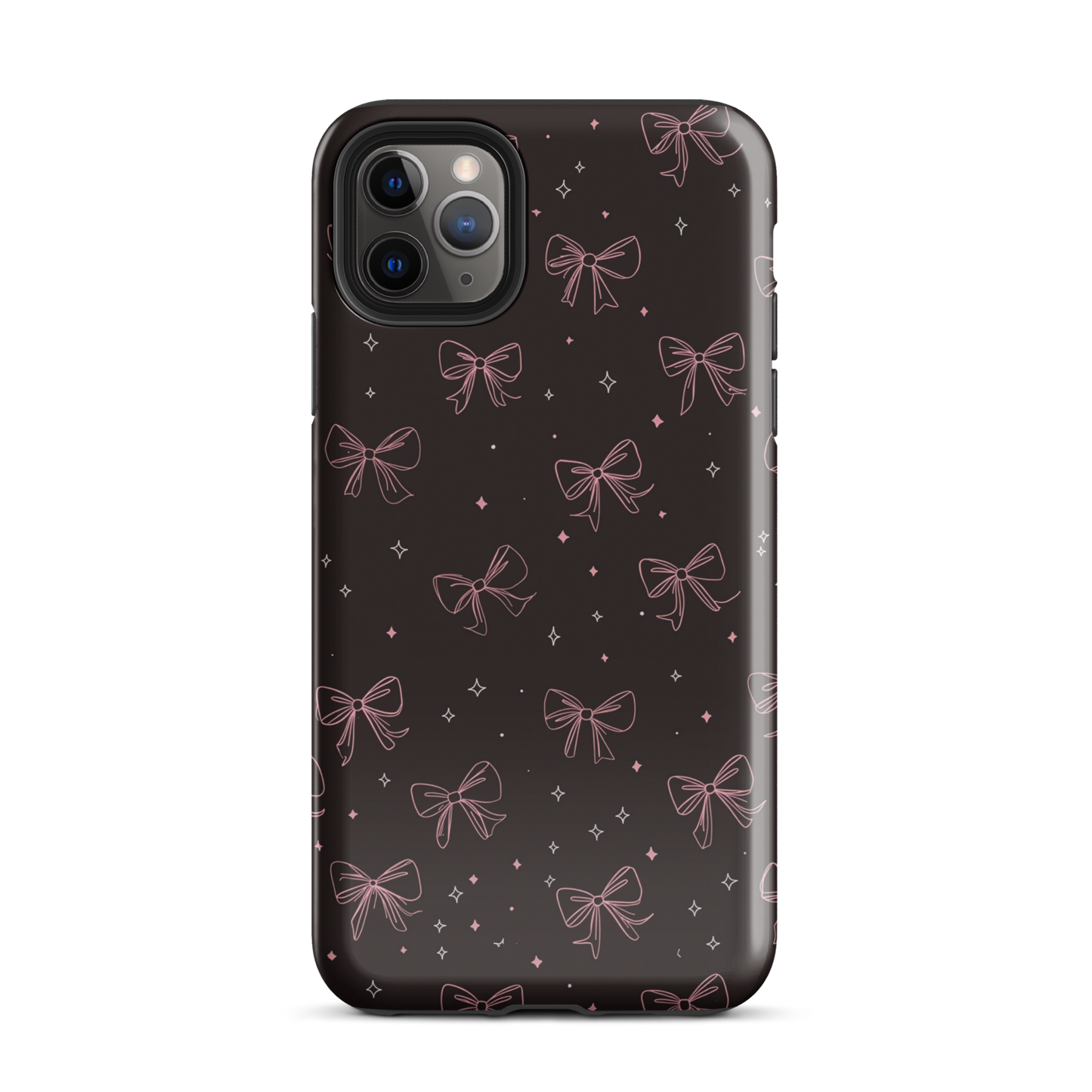 Midnight Bow seamless repeat pattern — pink hand-drawn ribbon bows and sparkle stars on a black background