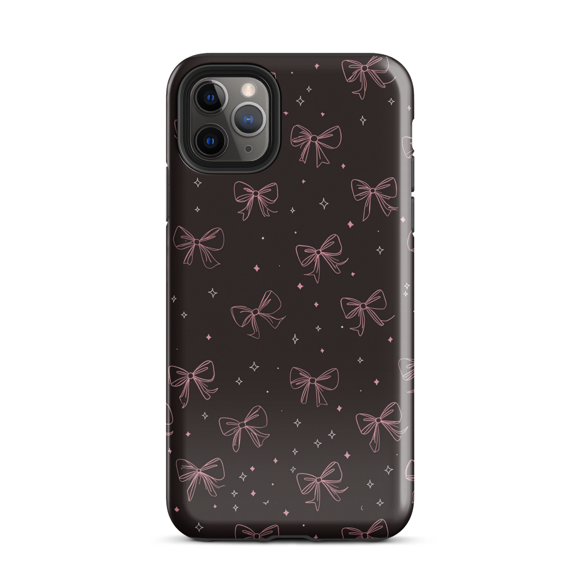 Midnight Bow seamless repeat pattern — pink hand-drawn ribbon bows and sparkle stars on a black background