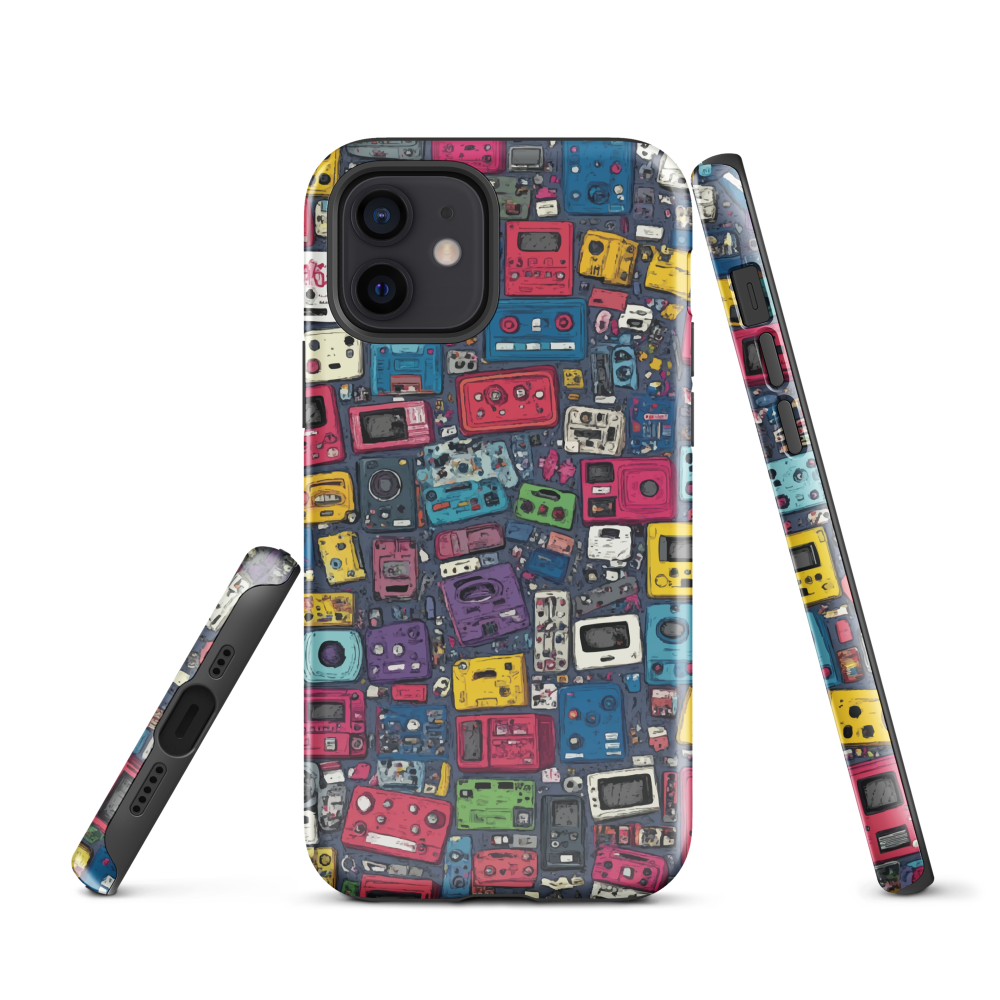 'Arcade' iPhone case, featuring a vibrant collage of hand-drawn controllers in bold, vintage-inspired colours. From electric blue and hot pink to classic black and yellow