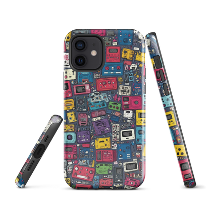 'Arcade' iPhone case, featuring a vibrant collage of hand-drawn controllers in bold, vintage-inspired colours. From electric blue and hot pink to classic black and yellow
