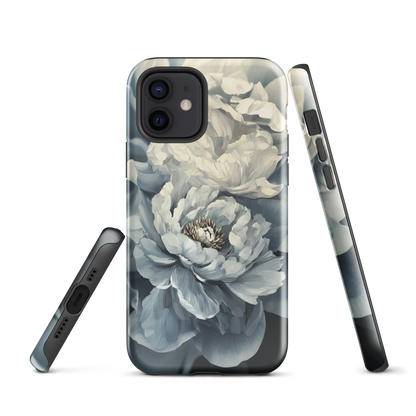 'Whisper' iPhone case features a stunning close-up of softly painted peony blooms in dreamy shades of ivory, grey, and smoky blue.