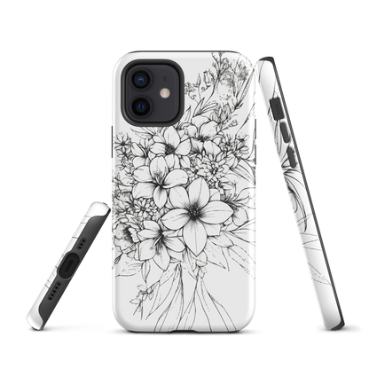 Black and white floral phone case with hand-drawn lilies and wildflowers