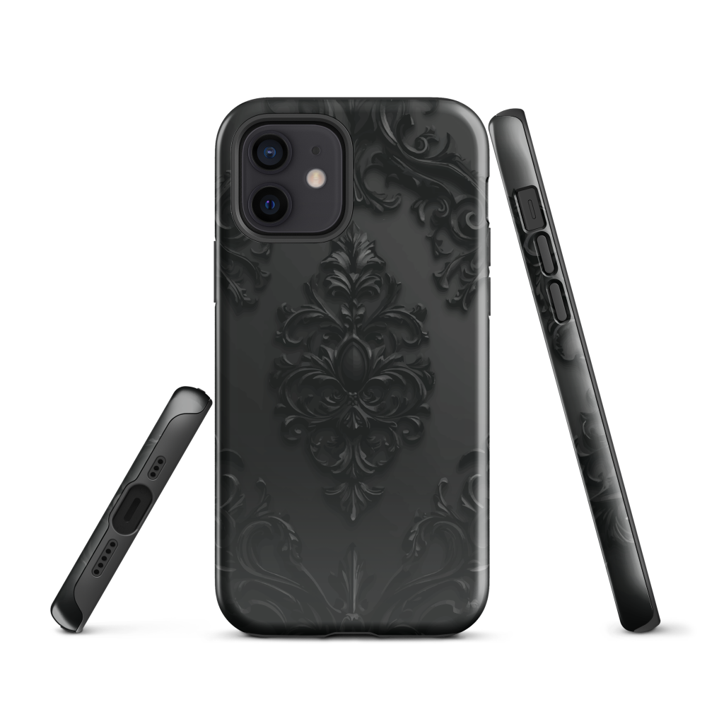Black embossed damask phone case with gothic baroque pattern.