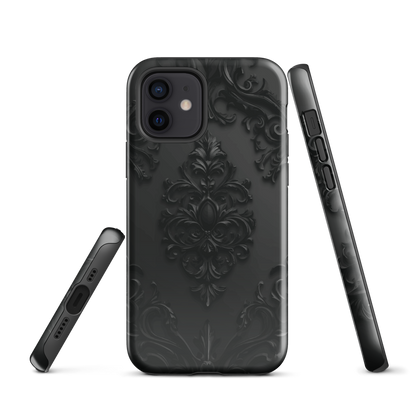 Black embossed damask phone case with gothic baroque pattern.