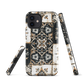 Moroccan tile pattern phone case in black, white, and gold tones with vintage-inspired design.