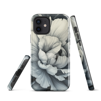 Black and white floral phone case featuring a soft, moody peony design by New Zealand artist Ben Hart.