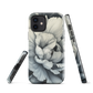 Black and white floral phone case featuring a soft, moody peony design by New Zealand artist Ben Hart.