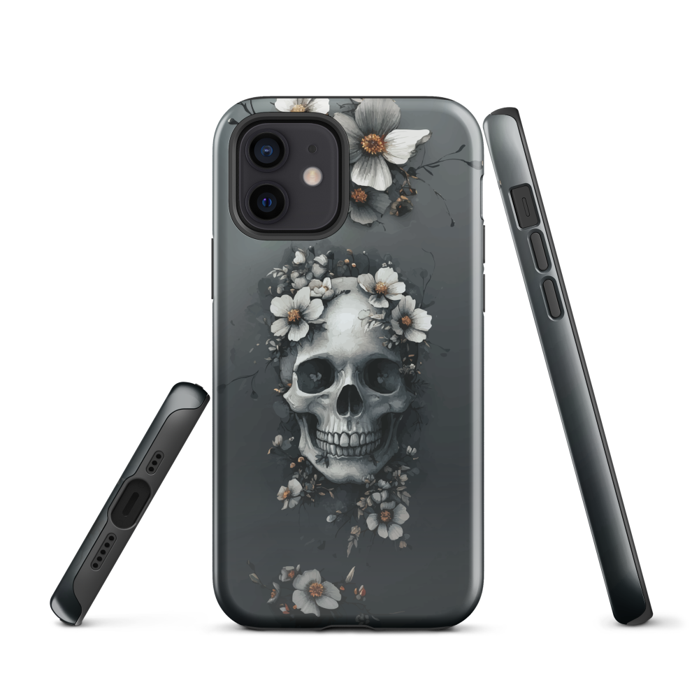 Gothic phone case with a floral skull design in grey tones, featuring white blossoms and dark detailing.