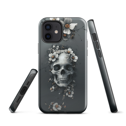 Gothic phone case with a floral skull design in grey tones, featuring white blossoms and dark detailing.
