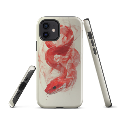 Phone case with red snake design on a cream background, coiled in smoky detail. Bold artwork by NZ designer Ben Hart.