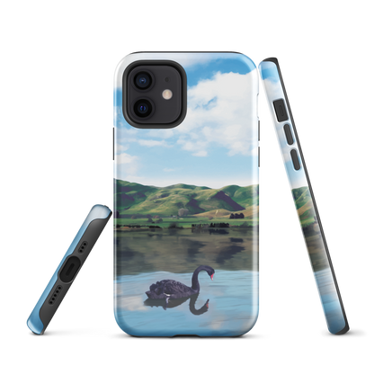 Phone case with a black swan on a calm lake, New Zealand hills in the background. Art by NZ designer Ben Hart.