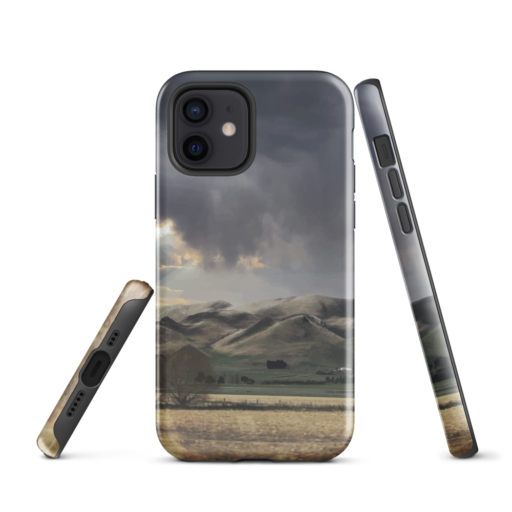 Designer phone case with NZ landscape painting of Te Hauke and cloudy skies by Ben Hart.