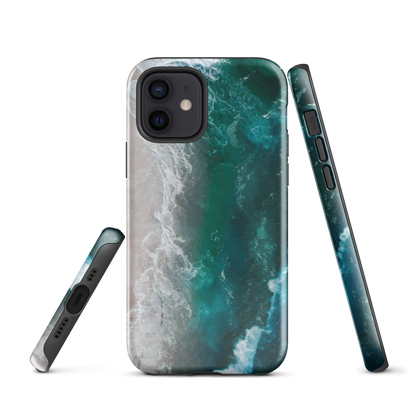 Ocean wave phone case with abstract beach design in teal and white, by NZ artist Ben Hart.