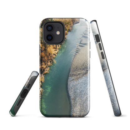 Phone case with aerial riverbend artwork and earthy tones, designed by New Zealand artist Ben Hart.