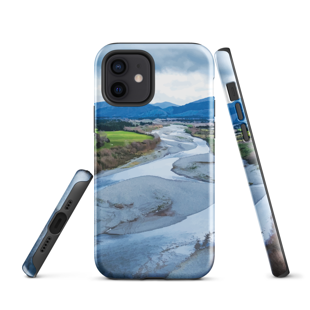 Waiohine phone case featuring artwork of New Zealand’s braided riverbed landscape in the Wairarapa.