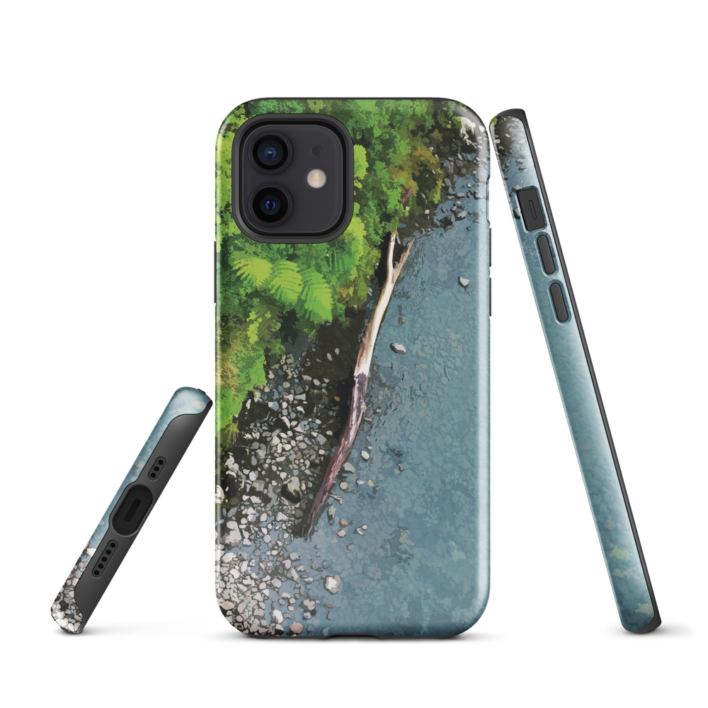 Resting Place phone case with aerial artwork of river rocks, green bush, and driftwood in a New Zealand stream.