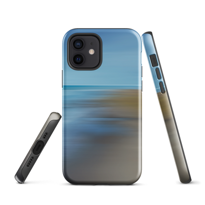 Ocean Breeze phone case with abstract blue and sandy tones inspired by sea and sky.