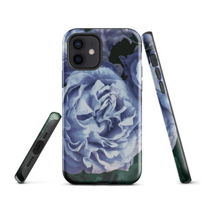 Designer phone case with a bold blue rose artwork and glossy finish.