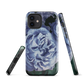 Designer phone case with a bold blue rose artwork and glossy finish.