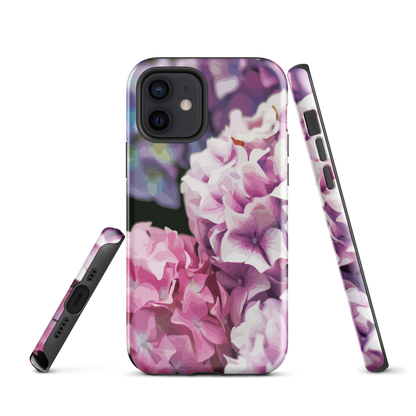 Designer phone case with pink and purple hydrangea floral artwork.