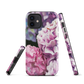 Designer phone case with pink and purple hydrangea floral artwork.