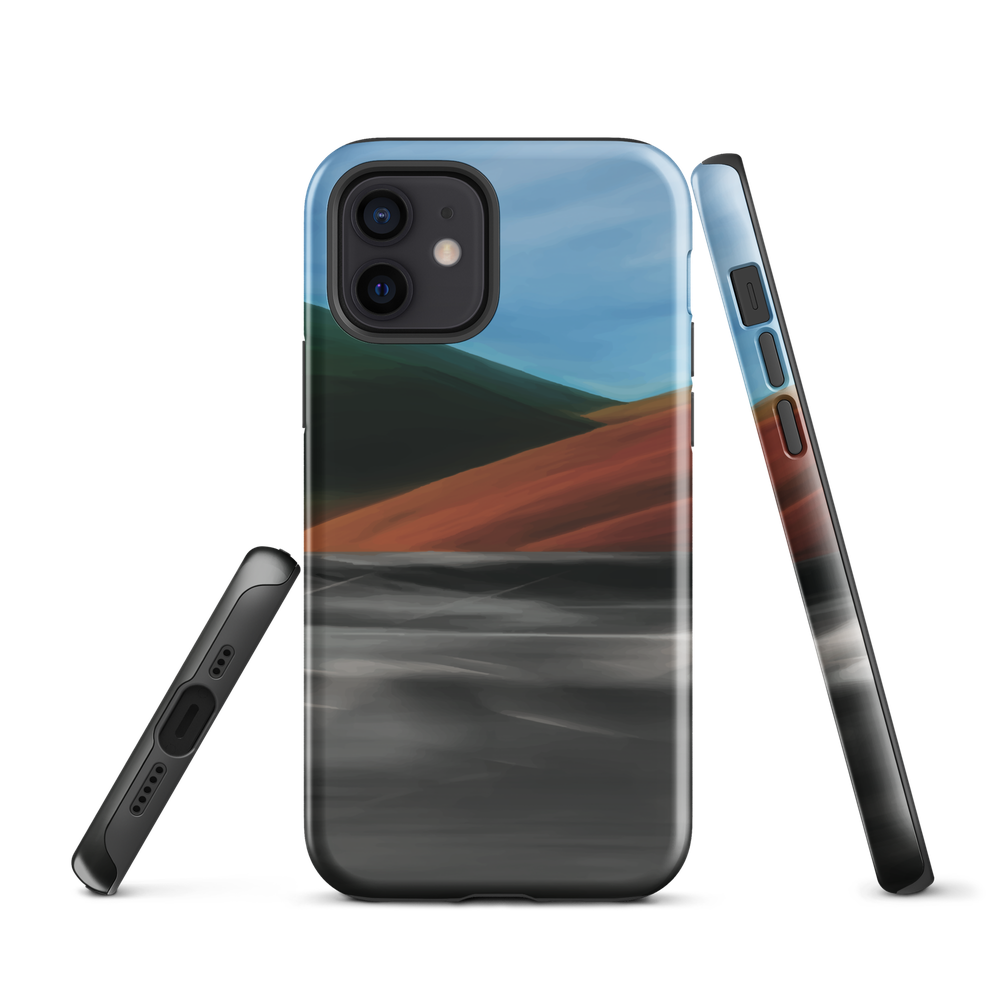 Phone case with abstract red, green, and blue heat wave landscape design.