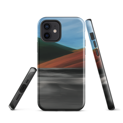 Phone case with abstract red, green, and blue heat wave landscape design.