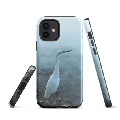 Phone case with a white heron standing in a misty wetland scene.