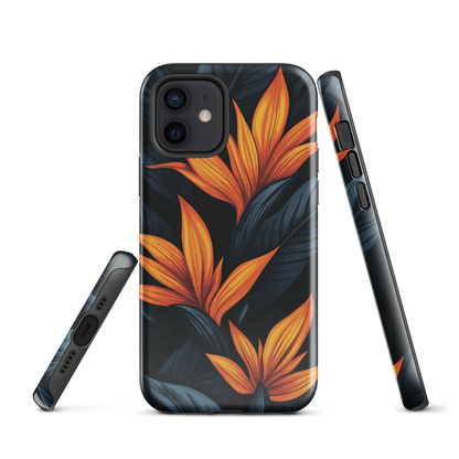 Phone case with bold orange bird of paradise flowers on dark background.
