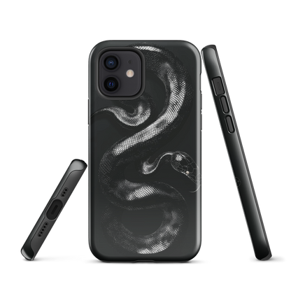 Phone case with detailed black python design on dark background.