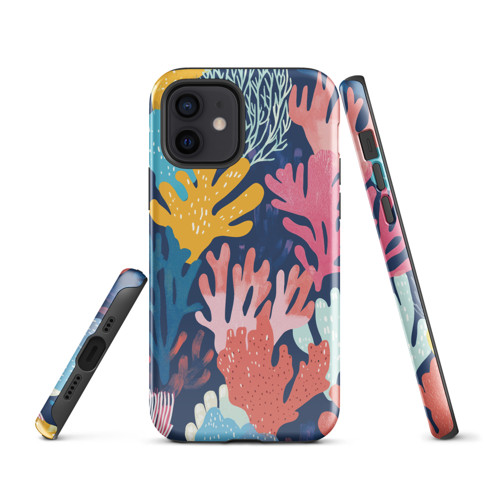 Colourful coral reef phone case design in pink, blue and yellow by NZ artist Ben Hart