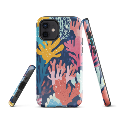 Colourful coral reef phone case design in pink, blue and yellow by NZ artist Ben Hart