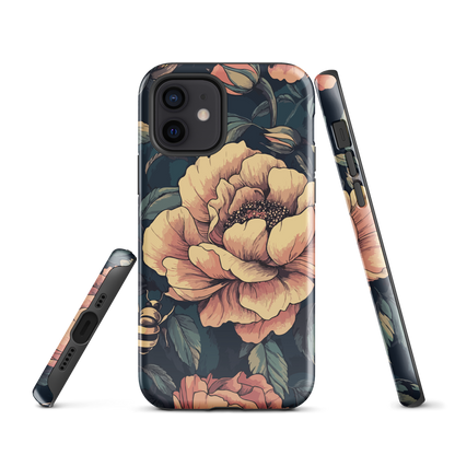 Phone case with vintage-style pink roses and bees on dark background, floral New Zealand artwork.
