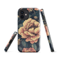 Phone case with vintage-style pink roses and bees on dark background, floral New Zealand artwork.