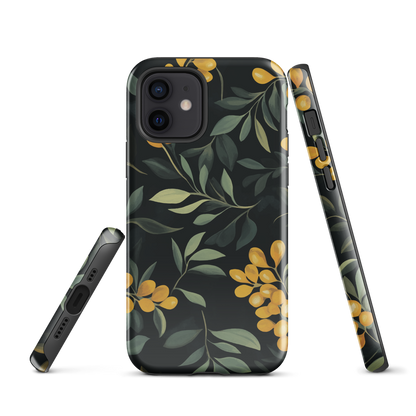 NZ Kowhai phone case with native yellow floral and green leaves on black background by designer Ben Hart.