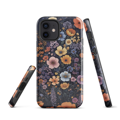 Phone case with colourful wildflowers on dark background, floral art design